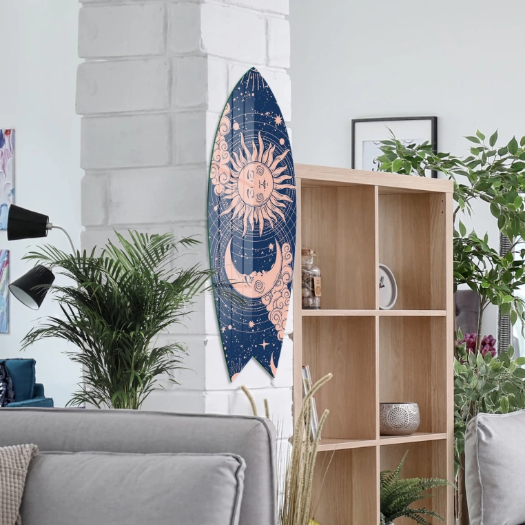 Vivantes Decorative Surfing Board in 4mm Tempered Glass-Crescent Sun