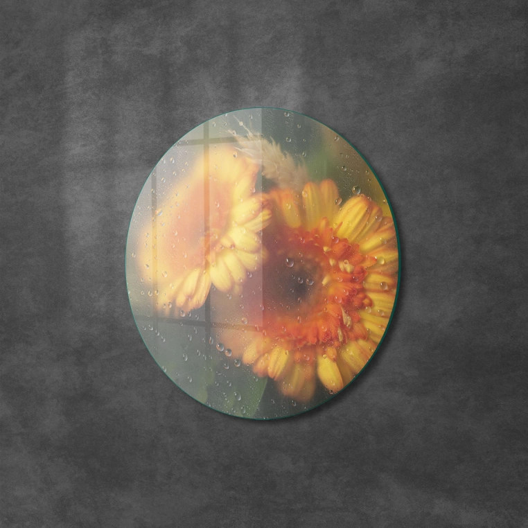 Vivantes Circle Glass Wall Art in 12" Diameter-Yellow Flowers