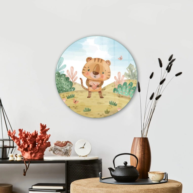 Vivantes Circle Glass Wall Art in 12" Diameter-Baby Lion