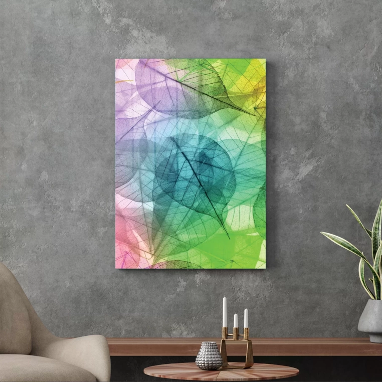 Vivantes Tempered Glass Wall Art - Modern Rainbow Leaves