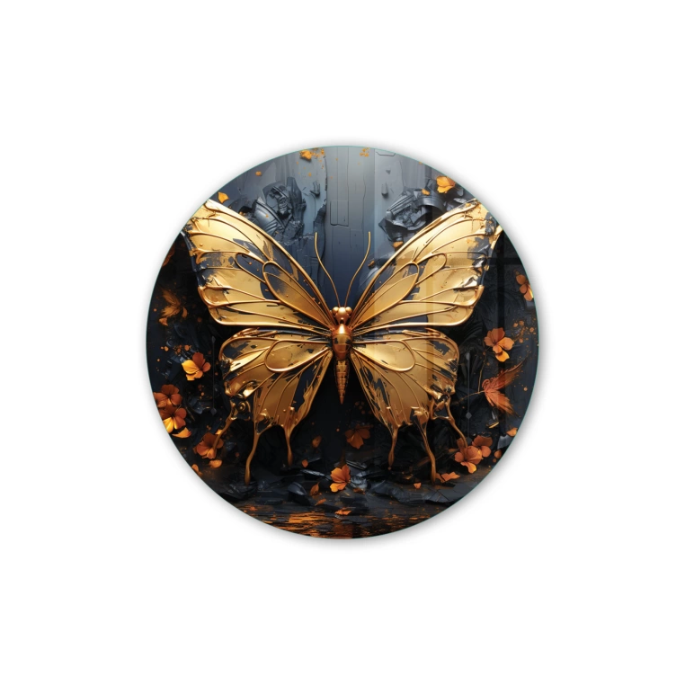 Vivantes Circle Glass Wall Art in 12" Diameter-Golden Butterfly