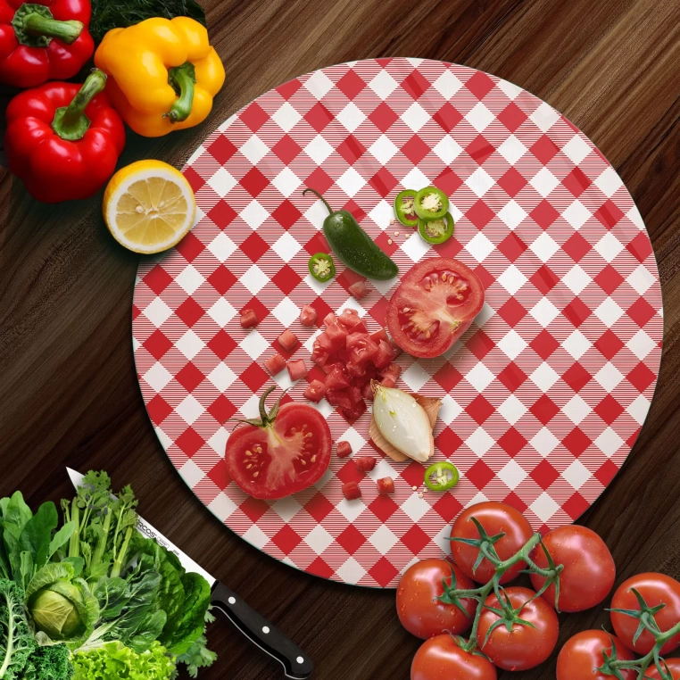 Tempered 12 inch Round Glass Cutting Board - Red White Tablecloth