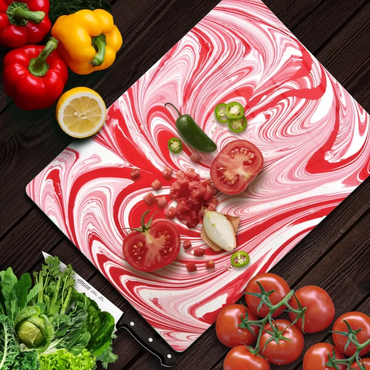 Tempered Glass Cutting Board - Red Turkish Ebru Work