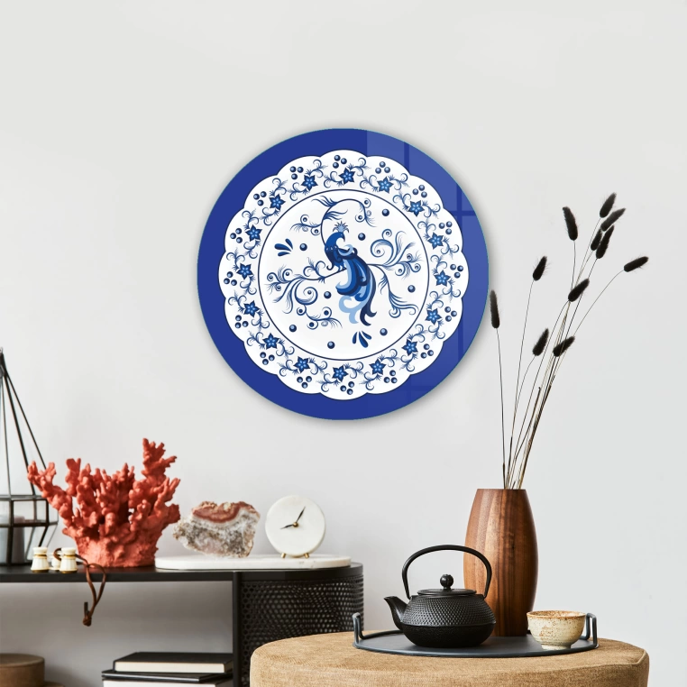 Vivantes Circle Glass Wall Art in 12" Diameter-Iznik Tile Plate Peacock