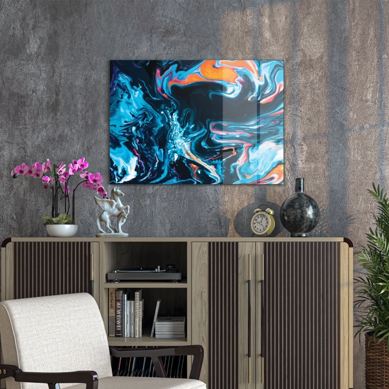 Vivantes Tempered Glass Wall Art - Blue Abstract 3