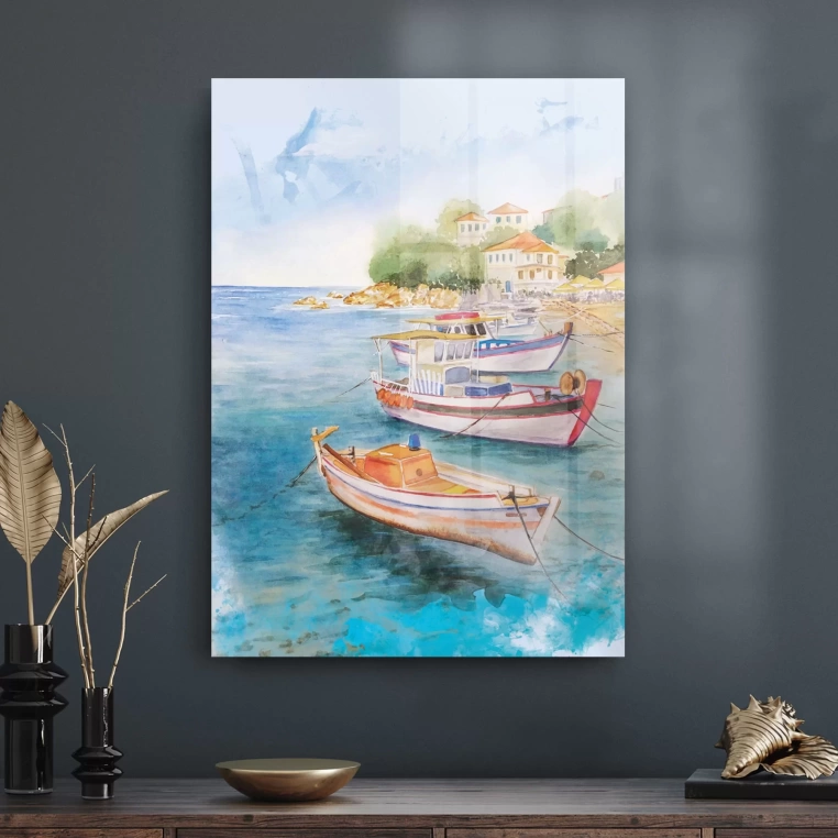 Vivantes Tempered Glass Wall Art - Fishing Village in Aegean