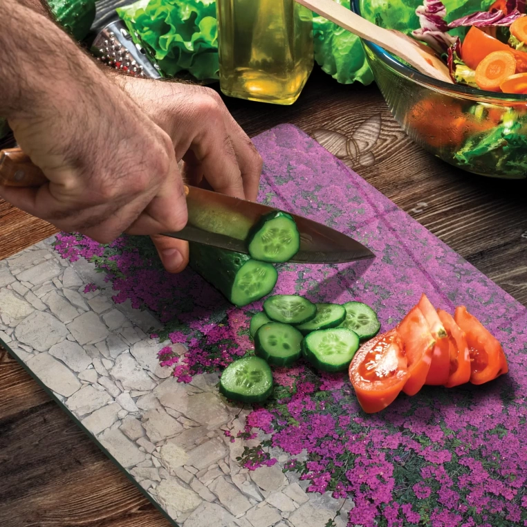 Tempered Glass Cutting Board - Purple Flowers