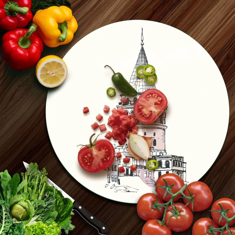 Tempered 12 inch Round Glass Cutting Board - Galata Tower