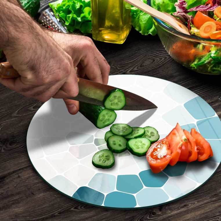 Tempered 12 inch Round Glass Cutting Board - Turquoise Cornered Mosaiqs