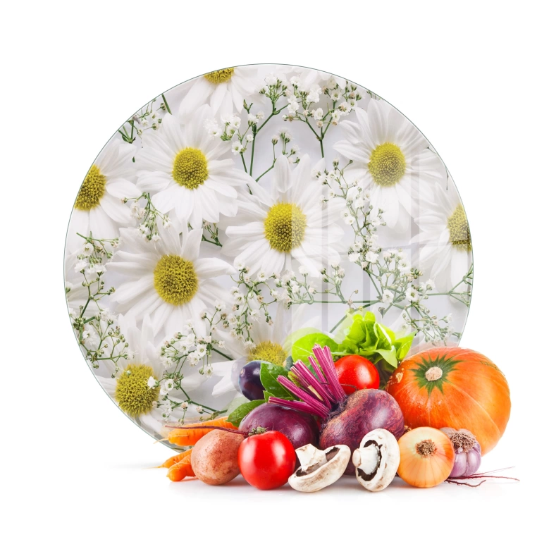 Tempered 12 inch Round Glass Cutting Board - Daisies