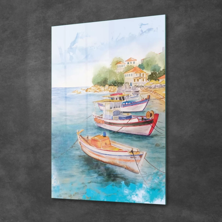 Vivantes Tempered Glass Wall Art - Fishing Village in Aegean