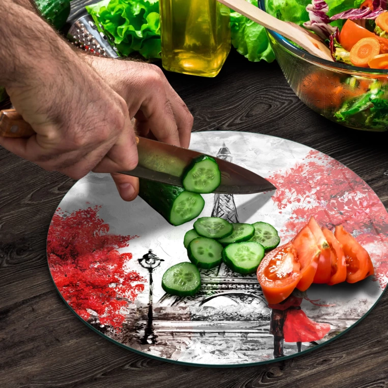 Tempered 12 inch Round Glass Cutting Board - Fall in Paris