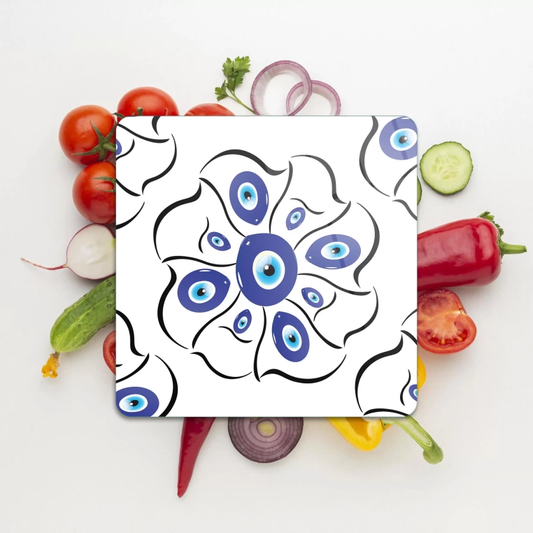 Tempered Glass Square Cutting Board - Evil Eyed Flower