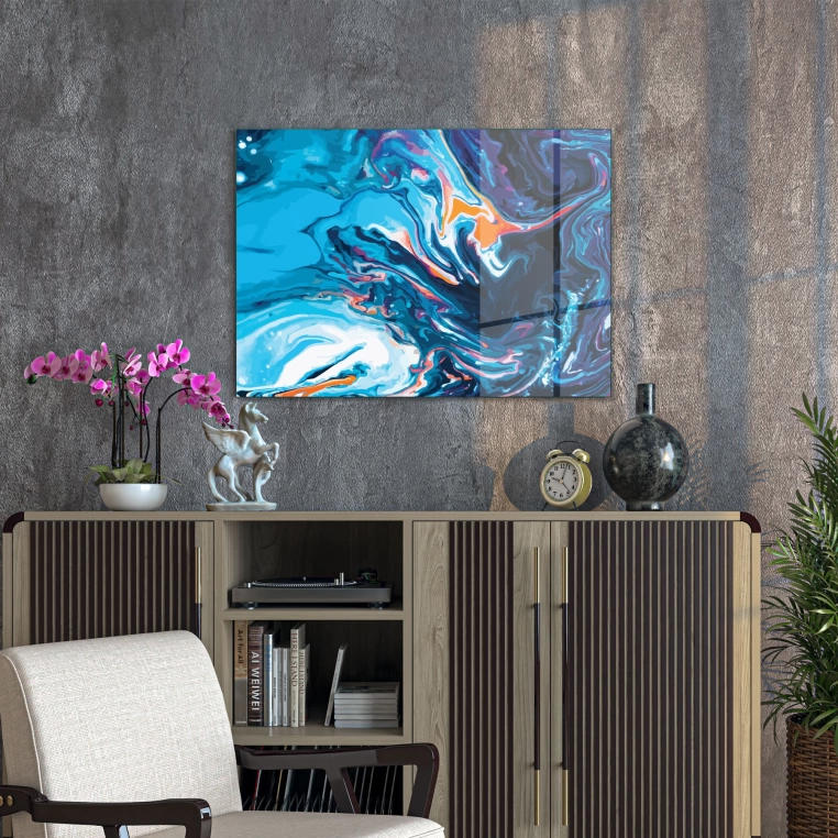 Vivantes Tempered Glass Wall Art - Blue Abstract 2