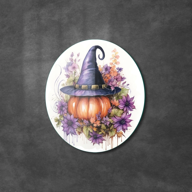 Vivantes Circle Glass Wall Art in 12" Diameter-Witch Pumpkin