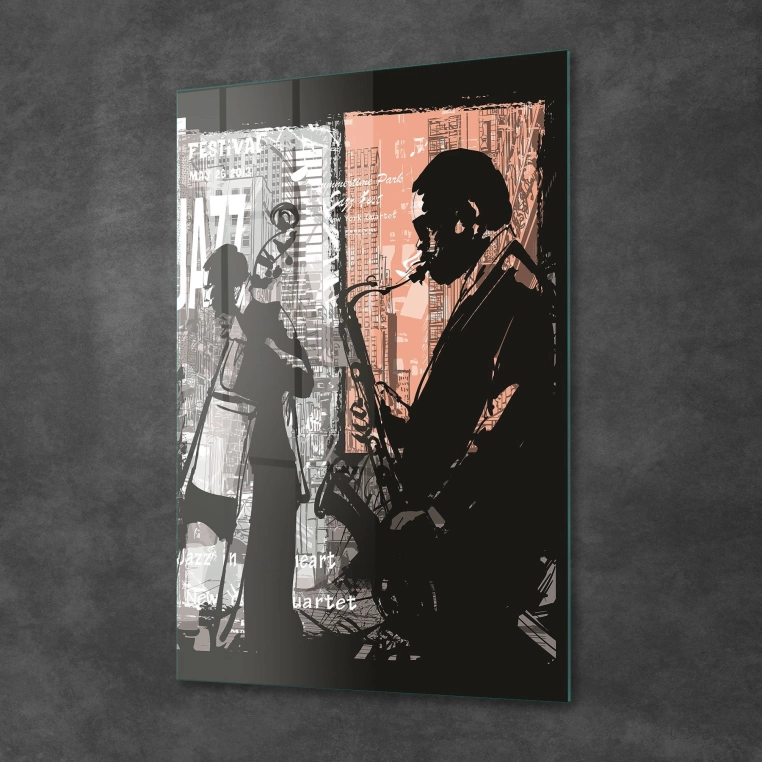 Vivantes Tempered Glass Wall Art - Blue Jazz Musician