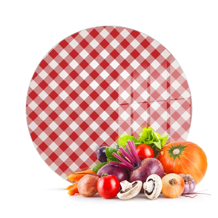 Tempered 12 inch Round Glass Cutting Board - Red White Tablecloth