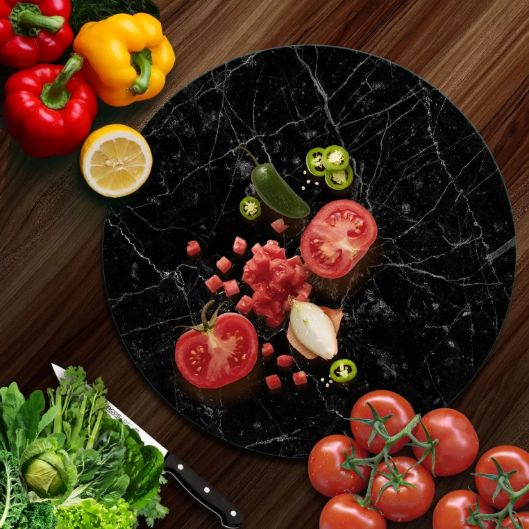 Tempered 12 inch Round Glass Cutting Board - Black Granite