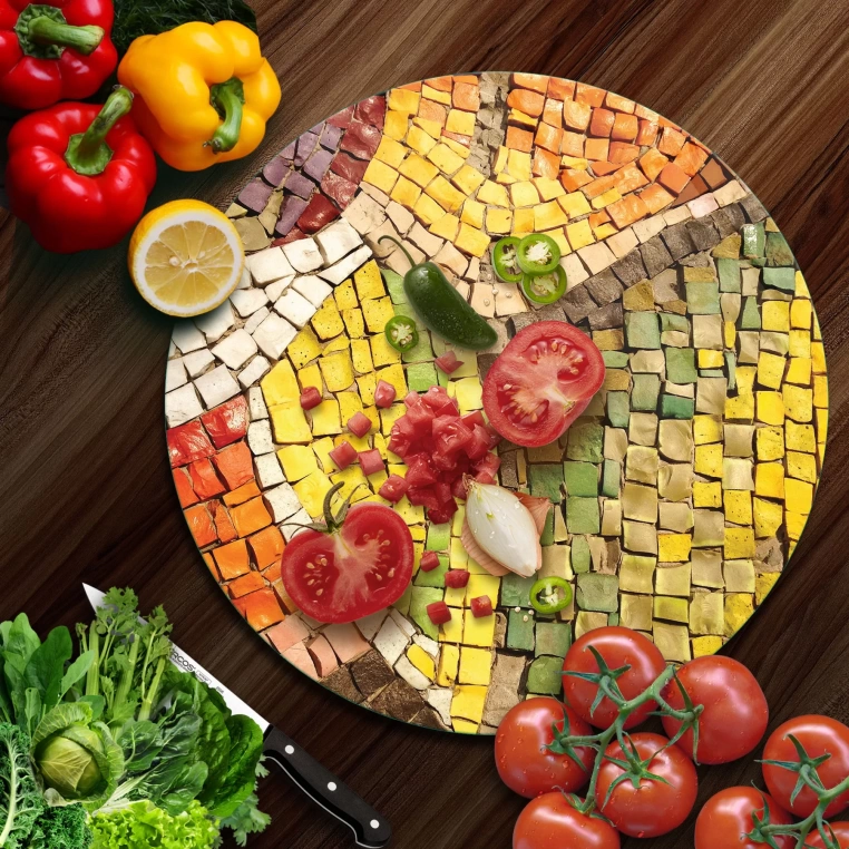 Tempered 12 inch Round Glass Cutting Board - Colored Mosaics