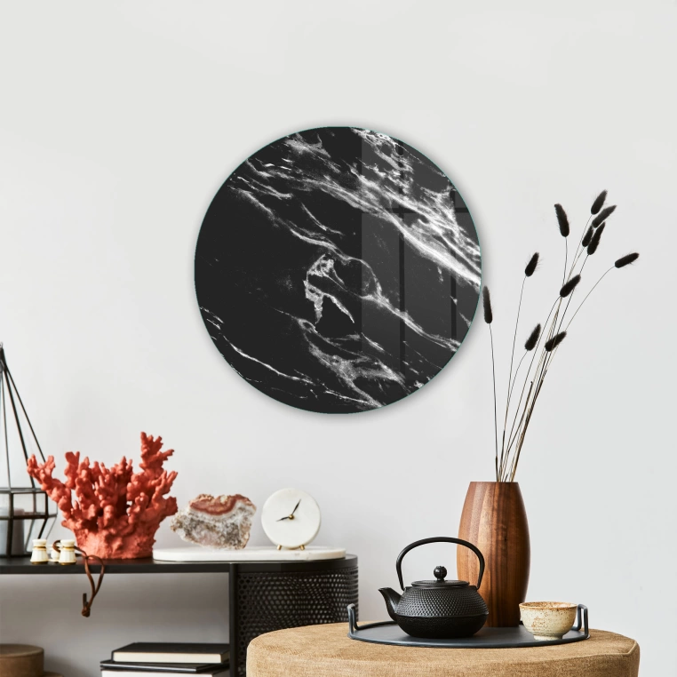 Vivantes Circle Glass Wall Art in 12" Diameter-Black Marble