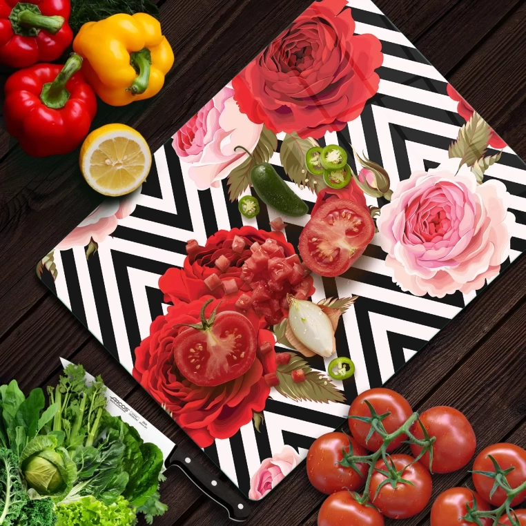 Tempered Glass Cutting Board - Mix Roses