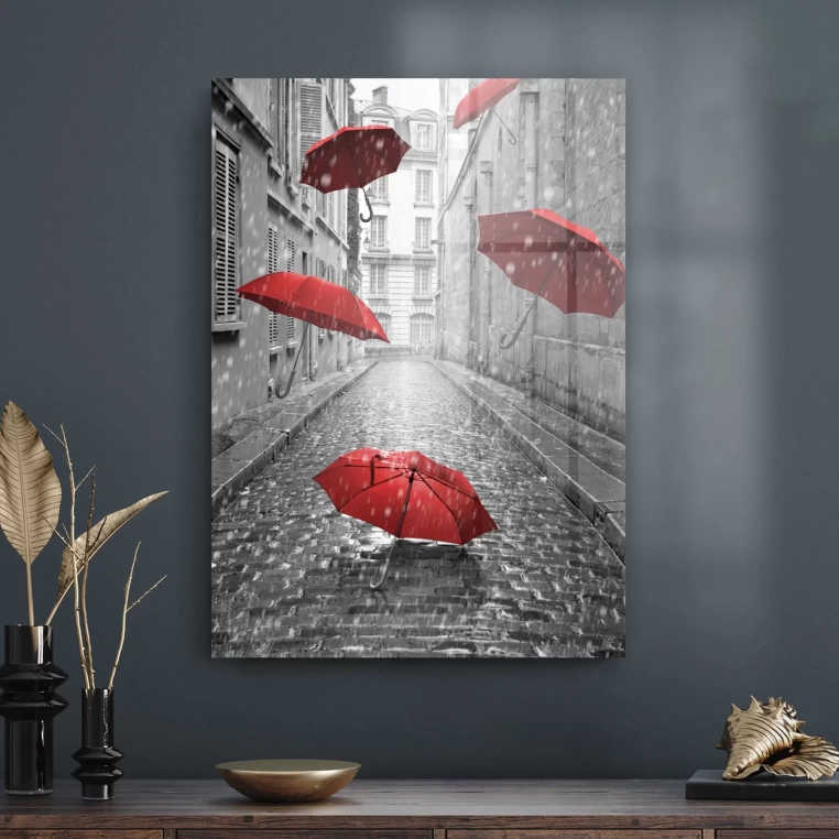 Vivantes Tempered Glass Wall Art - Flying Red Umbrellas