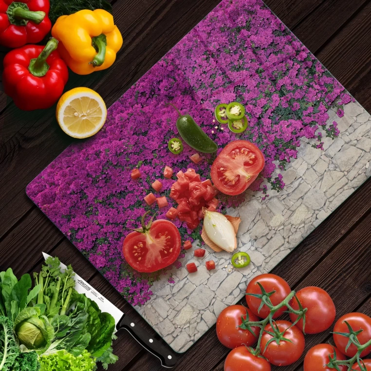 Tempered Glass Cutting Board - Purple Flowers