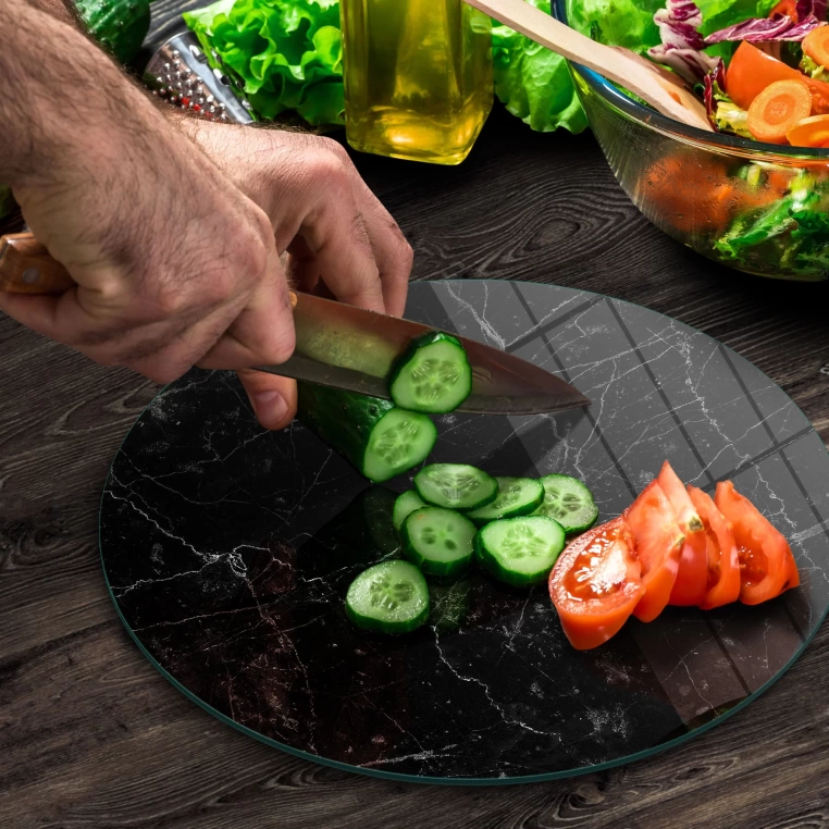 Tempered 12 inch Round Glass Cutting Board - Black Granite