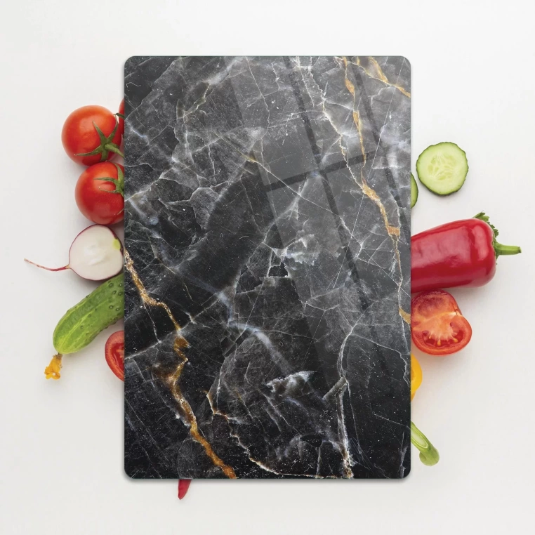 Tempered Glass Cutting Board - Black Marble with Gold