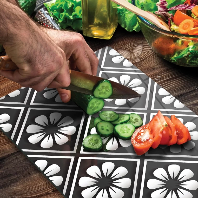 Tempered Glass Cutting Board - Retro Flowered Tiles