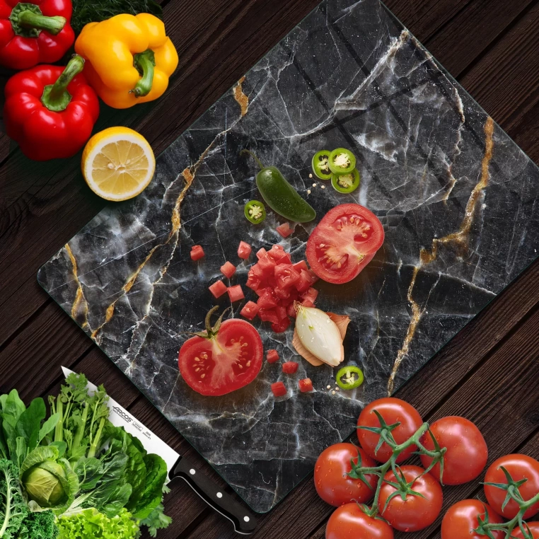 Tempered Glass Cutting Board - Black Marble with Gold