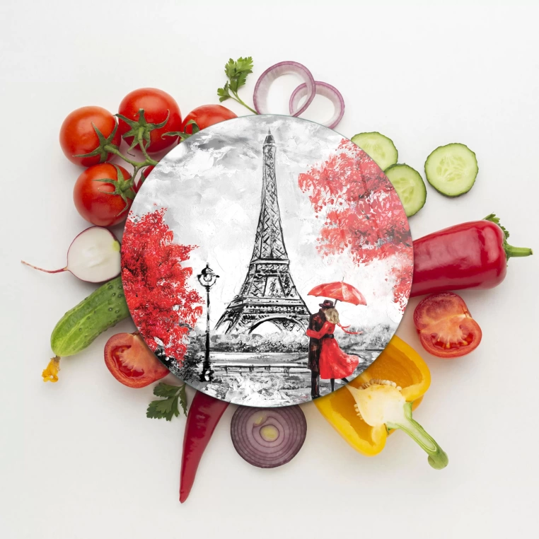 Tempered 12 inch Round Glass Cutting Board - Fall in Paris