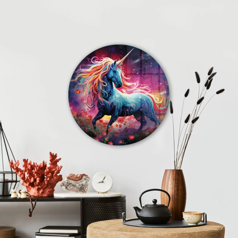 Vivantes Circle Glass Wall Art in 12" Diameter-Wild Unicorn