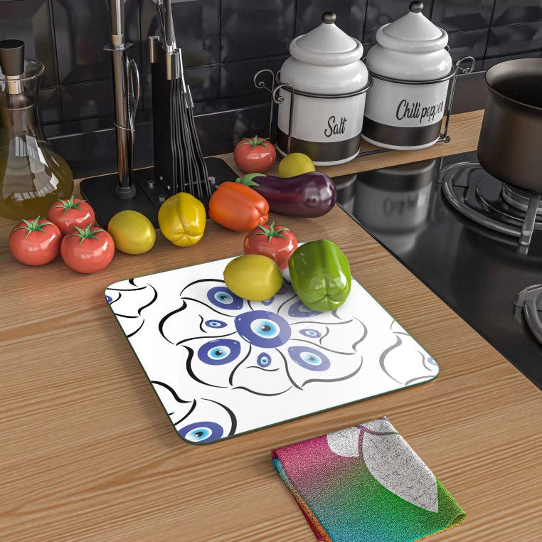 Tempered Glass Square Cutting Board - Evil Eyed Flower