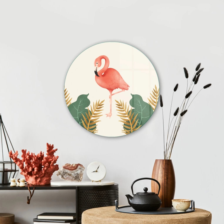 Vivantes Circle Glass Wall Art in 12" Diameter-Flamingo