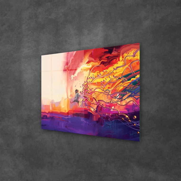 Vivantes Tempered Glass Wall Art - kid walking in fire