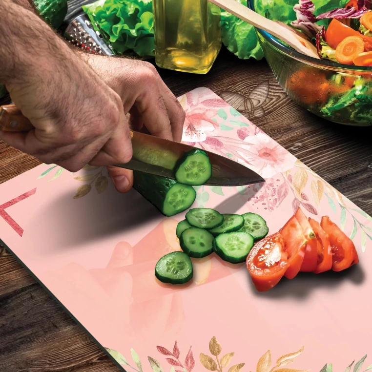 Tempered Glass Cutting Board - Pastel Pink Flowers