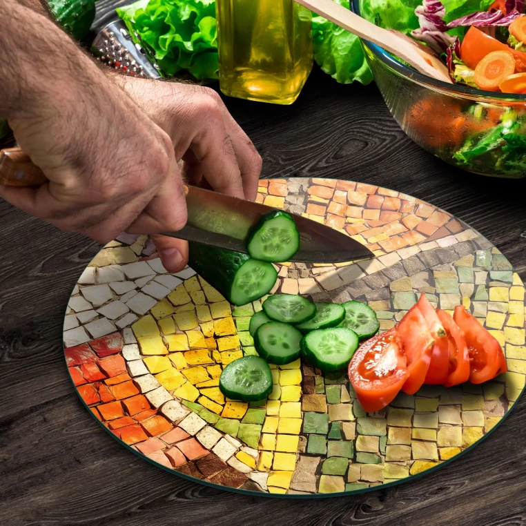 Tempered 12 inch Round Glass Cutting Board - Colored Mosaics