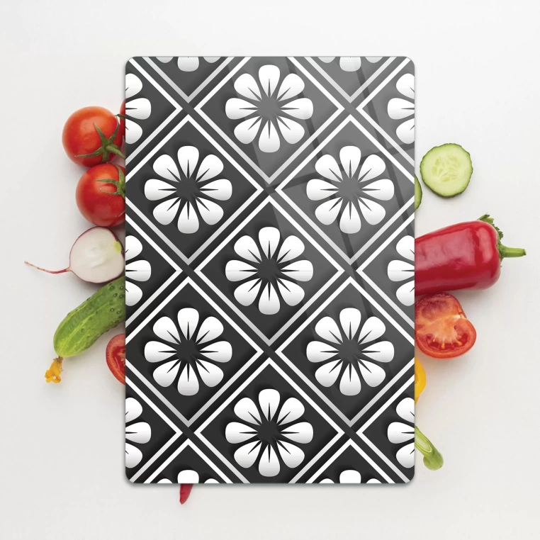 Tempered Glass Cutting Board - Retro Flowered Tiles