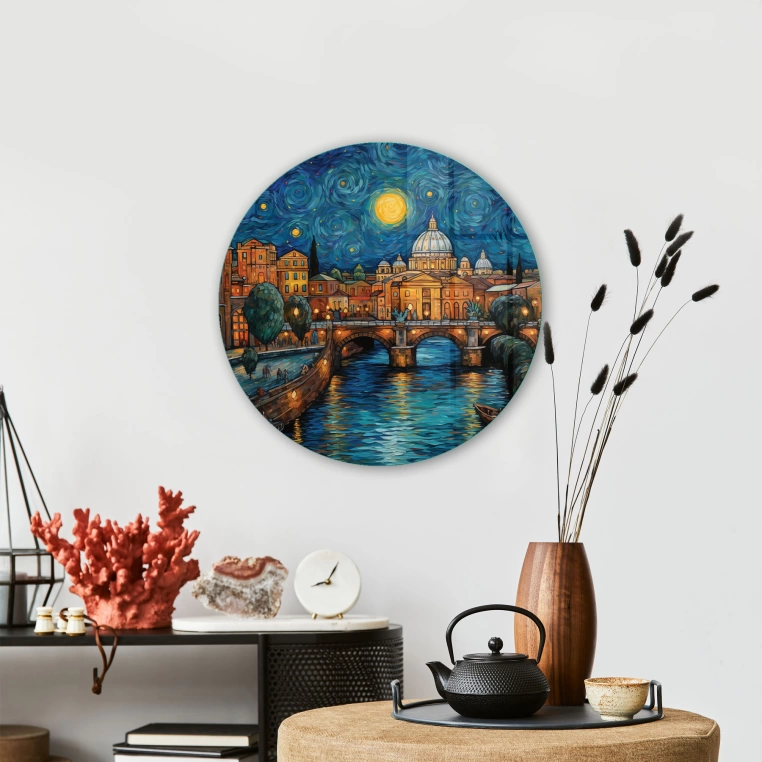 Vivantes Circle Glass Wall Art in 12" Diameter-Night in Rome