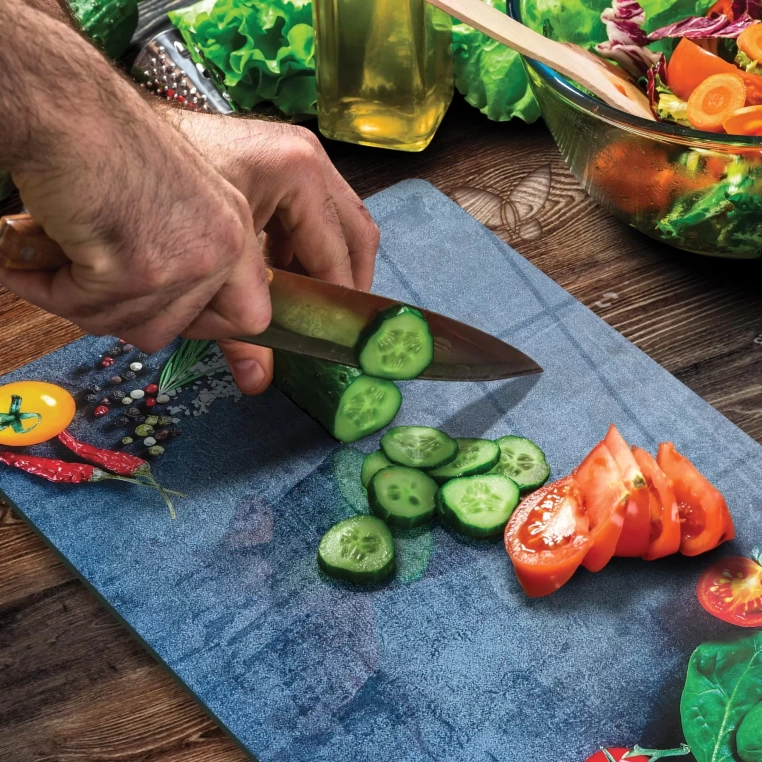 Tempered Glass Cutting Board - Blue Marble Salad Prep