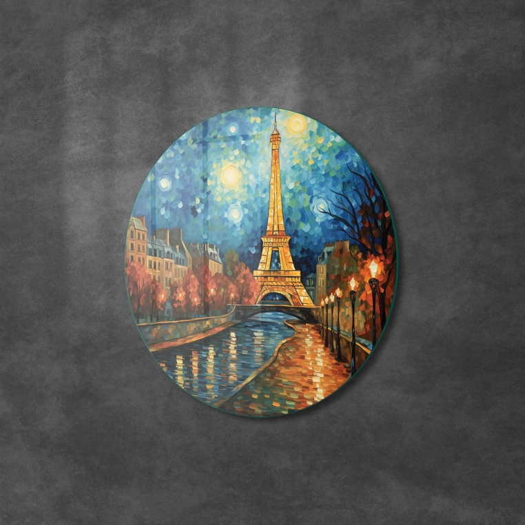 Vivantes Circle Glass Wall Art in 12" Diameter-Night in Paris 2