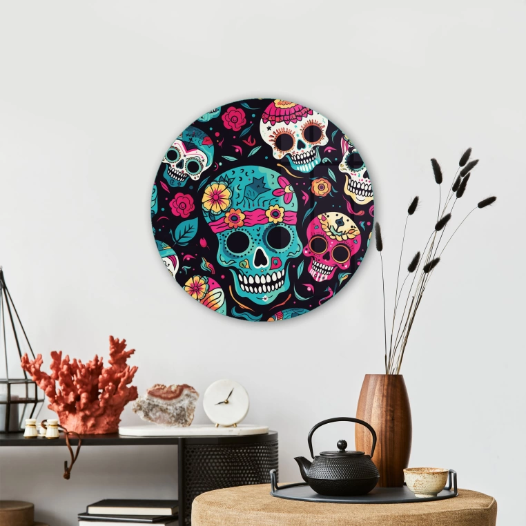 Vivantes Circle Glass Wall Art in 12" Diameter-Mexican Skulls