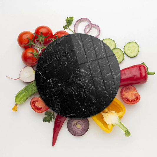 Tempered 12 inch Round Glass Cutting Board - Black Granite