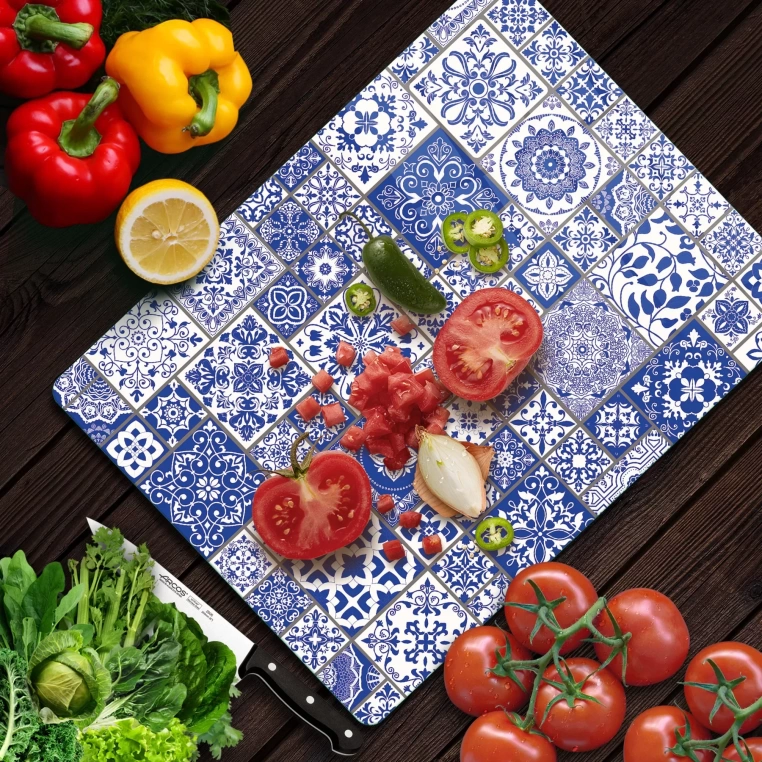 Tempered Glass Cutting Board - Blue Tiles