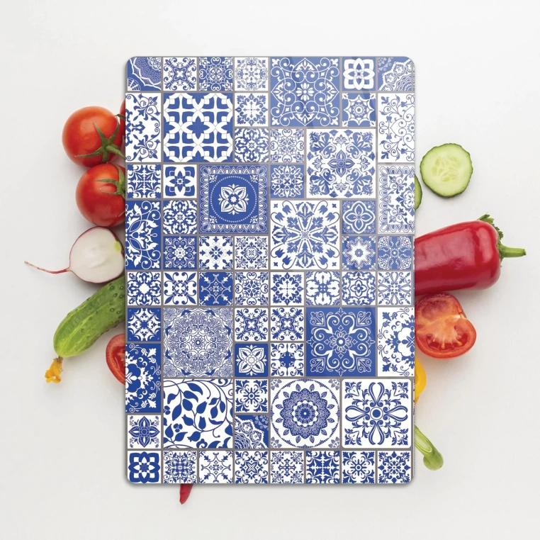 Tempered Glass Cutting Board - Blue Tiles