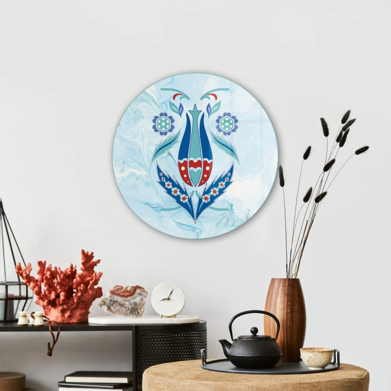 Vivantes Circle Glass Wall Art in 12" Diameter-Iznik Tulip