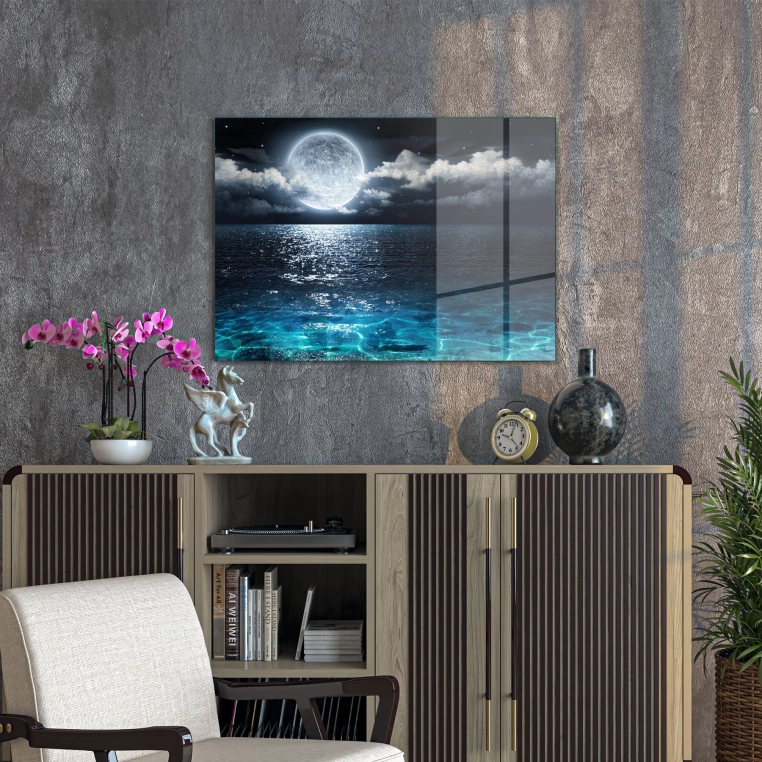 Vivantes Tempered Glass Wall Art - Midnight Moon at The Beach