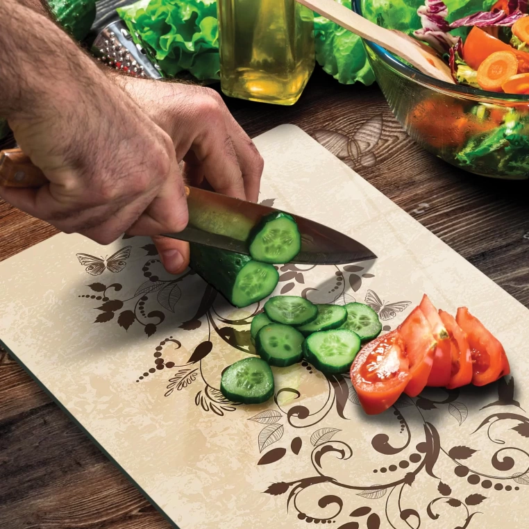 Tempered Glass Cutting Board - Beige Vines