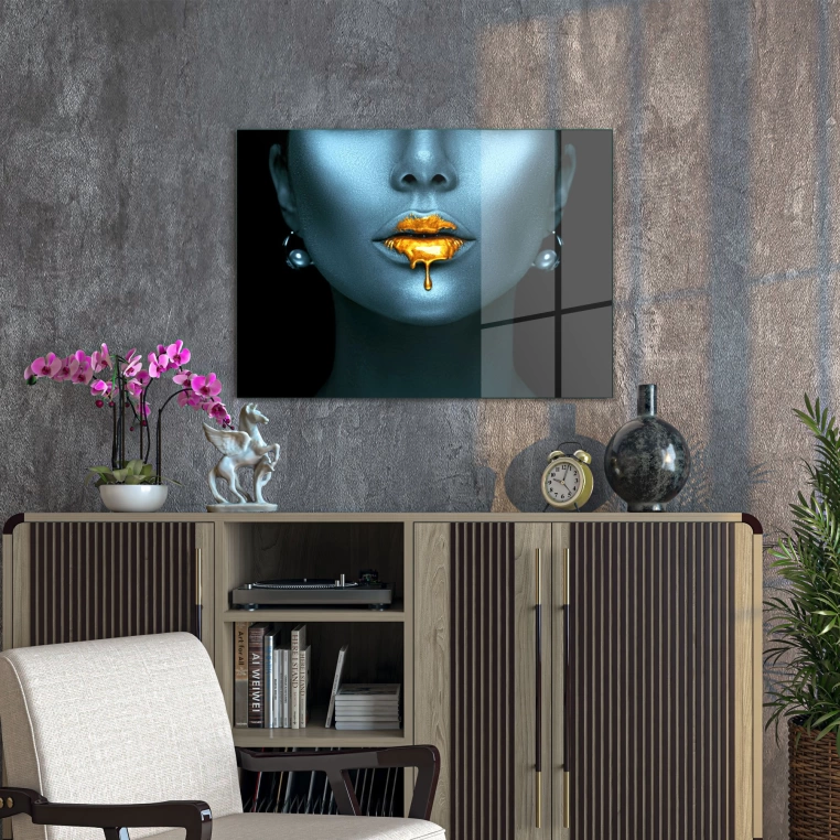 Vivantes Tempered Glass Wall Art - Golden leaking mouth